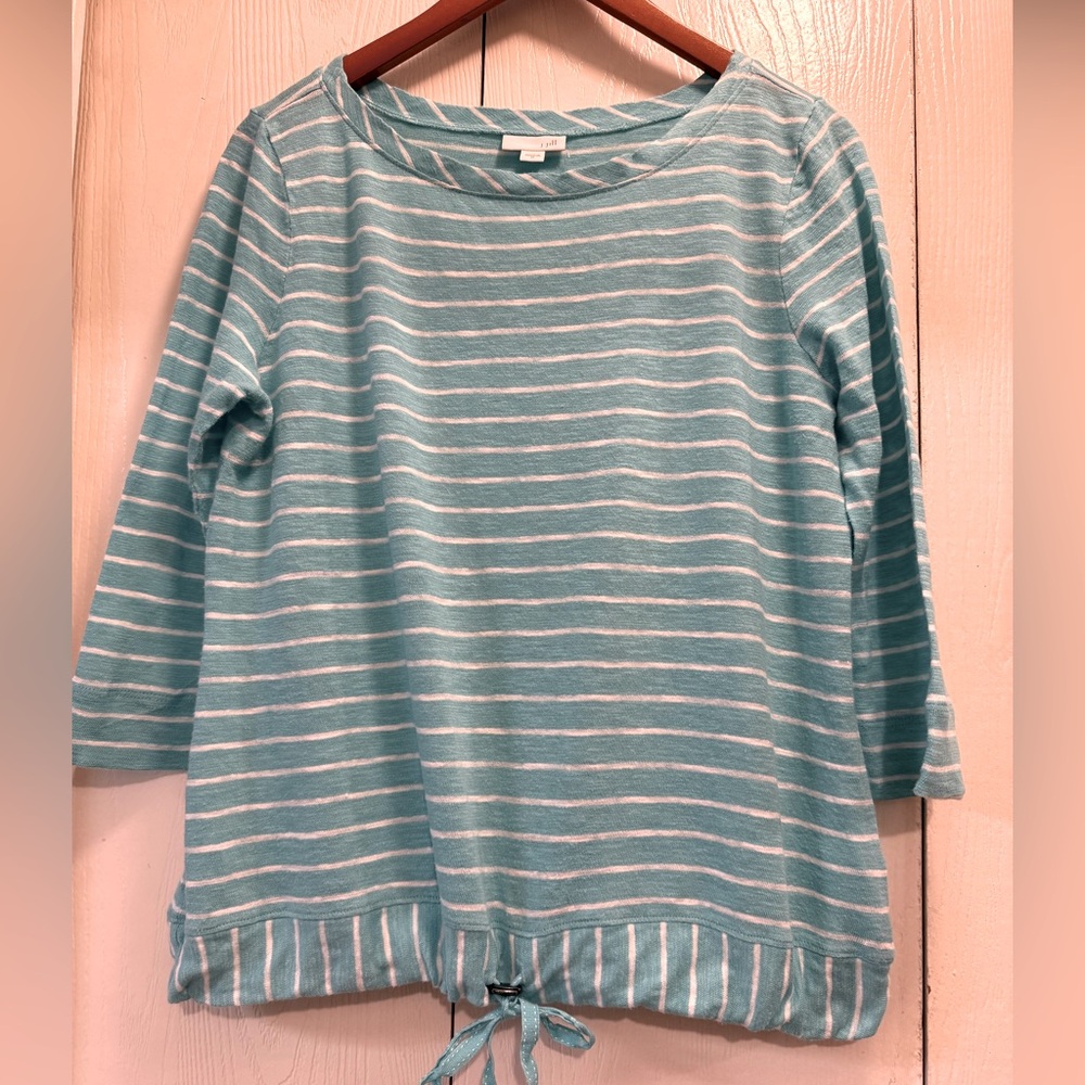 J. Jill light turquoise white Striped 3/4 Sleeve Top Linen/cotton Size Med